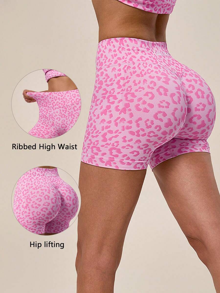 TimeOff 1 pieza de shorts deportivos de cintura alta con estampado de leopardo, sin costuras, con pliegues en los glúteos y cintura acanalada para mujer - Rosa - Ver 1