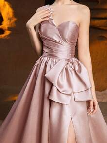 Alisa&Leo Satin Formal Dress For Teenage Girls - One Shoulder Design, Front Pleats, Waist Bow And Back Tie - Flowing Long Skirt - Suitable For Prom, Birthday Party, Wedding And Formal Events - Champagne - View 8