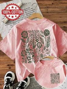 [Doppelseitiger Druck] Lässiges Sommer-Top für Damen, frischer Stil, Blumen-, Blätter- und Pflanzendruck, kurzärmeliges T-Shirt aus reiner Baumwolle, Kleidung T-Shirts für Männer und Frauen. - Rosa - Übersicht 1
