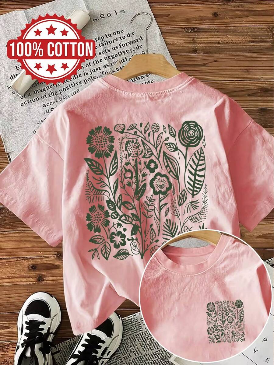 [Doppelseitiger Druck] Lässiges Sommer-Top für Damen, frischer Stil, Blumen-, Blätter- und Pflanzendruck, kurzärmeliges T-Shirt aus reiner Baumwolle, Kleidung T-Shirts für Männer und Frauen. - Rosa - Übersicht 1