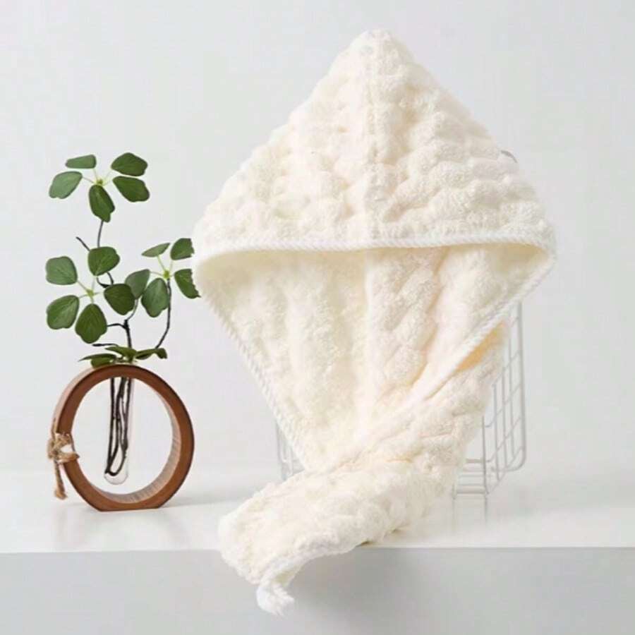 Microfiber Hair Drying Towel Cap With Square Print Design - Champagne - View 1