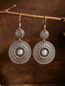 1 Pair Bohemian Vintage Double Round Carved Ear Hooks, Sunflower Totem Large Round Disc Earrings - Silver - View 1