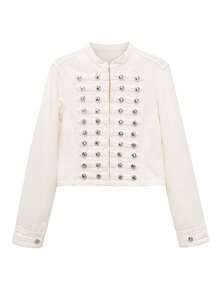 Women's Spring/Autumn Military Style Stand Collar Multi-Row Silver Metal Button Decor Short Long Sleeve Jacket White - White - View 3