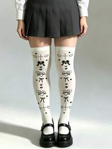 1 Pair Plus Size Women's Velvet Over-The-Knee Socks, Y2K Campus Daily Style, Fashionable And Versatile, Suitable For Daily Campus Outfit - White - View 3