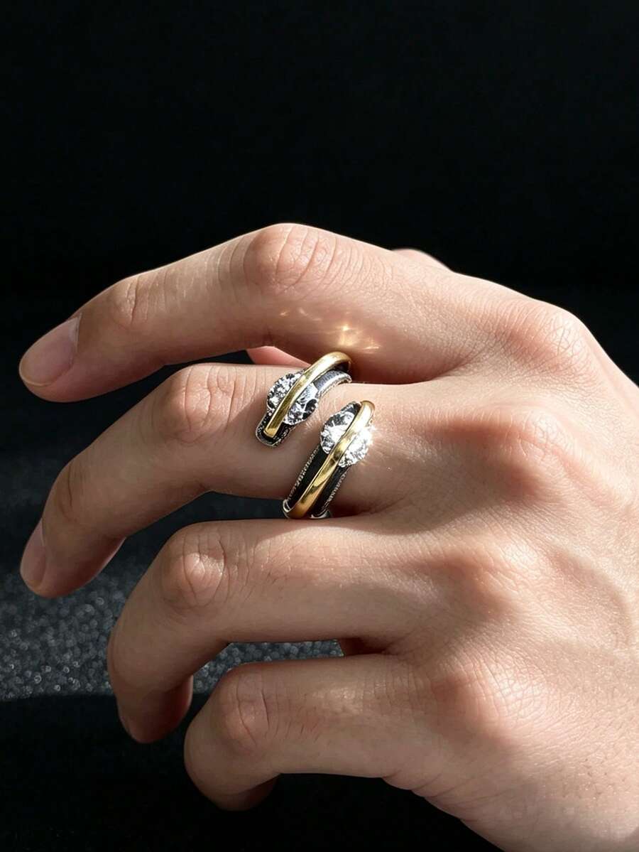 1pc Men's Geometric Spiral Open Ring, Personalized Vintage Style Dual-Tone Metal Inlaid CZ, Men's Jewelry - Multicolor - View 1