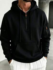 Sweatshirt Kargo Pria dengan Resleting Setengah, Banyak Saku, Manset Resleting, Tali Serut, Berkerudung, Lengan Panjang, Atasan Kasual untuk Aktivitas Luar Ruangan - Hitam - View 1