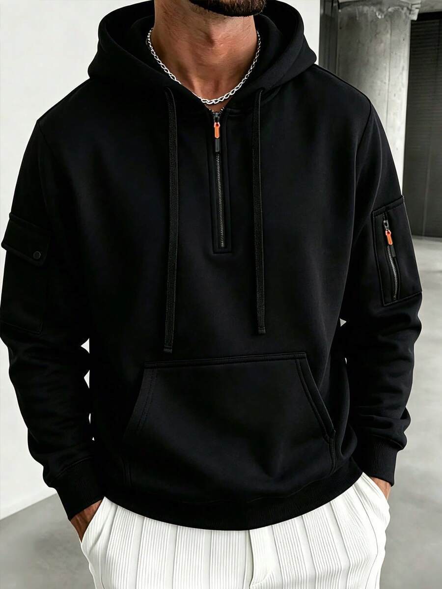 Sweatshirt Kargo Pria dengan Resleting Setengah, Banyak Saku, Manset Resleting, Tali Serut, Berkerudung, Lengan Panjang, Atasan Kasual untuk Aktivitas Luar Ruangan - Hitam - View 1
