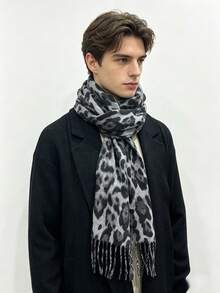 1件男士豹紋圍巾，仿羊絨材質，保暖，適合秋冬日常穿著 - 彩色 - 查看 1