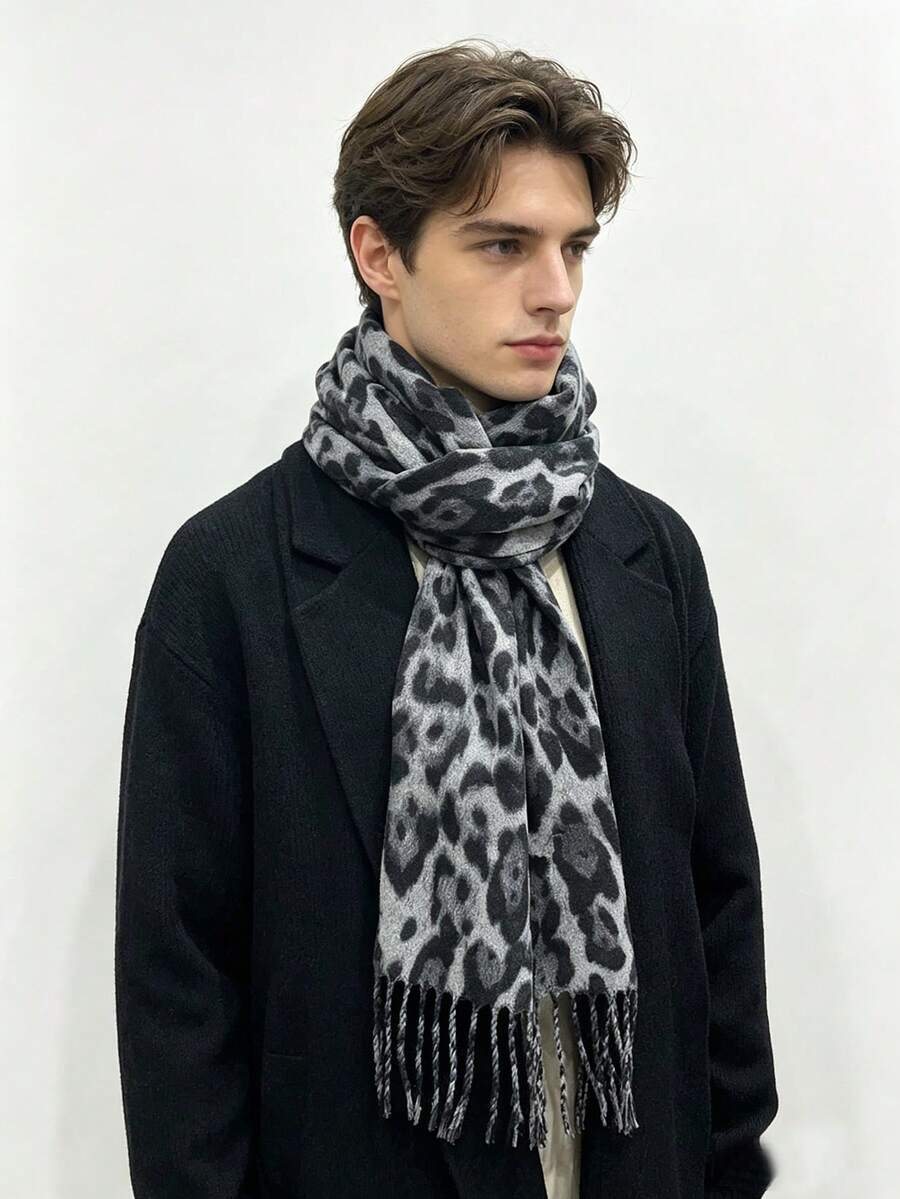 1件男士豹紋圍巾,仿羊絨材質,保暖,適合秋冬日常穿著 - 彩色 - 查看 1
