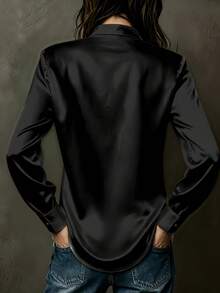 Solid Color Front Button Long Sleeve Blouse For Women Office - Black - View 2