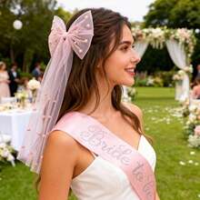 Bachelorette Party Bride-To-Be Set, Embroidered Pink Pearl Veil With Rhinestone Champagne Pink Bride Sash Kit - Multicolor - View 5