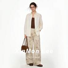 復古卡其印花彎腿鈕扣牛仔褲，休閒辦公日常夏季款 - 卡其色 - 查看 2