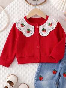 Baby Girl Strawberry Applique Ruffle Collar Patch-Front Fashion Knit Cardigan And Strawberry Embroidered Hem Loose Fluffy Denim Long Pants - Red - View 3