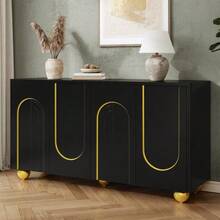 Living Room Cabinet, Four-Door Sideboard, Dining Room Storage Cabinet With Arched Gold Line Decor - 黑色 - 查看 6