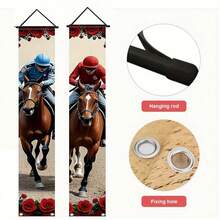 2D 1pc Horse Racing Rose Theme Red Couplet, Galloping Horse Pattern, Suitable For Sports Event Party Decoration, Door Banner, Polyester Fabric - Multicolor - View 2