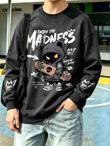 Boys' Vintage Style Crew Neck Sweatshirt, Comfortable And Soft Children's Clothing, Printed With Bear And Skateboard Pattern, Suitable For Autumn And Winter Wear - Black - View 3