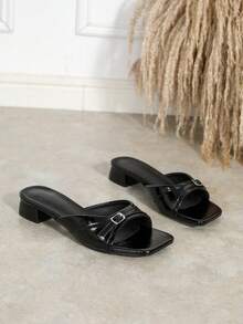 Women's Fashion Square Toe Open Toe Chunky Heel Slides Buckle Low Heel Mature Versatile Sandals - Black - View 5