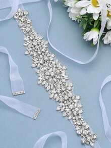 1 pieza Cinturón nupcial de mujer con aplique de diamante y cinta de satén de aleación de plata, accesorio para ceremonia de boda, decoración de cintura para la novia - Blanco - Ver 9