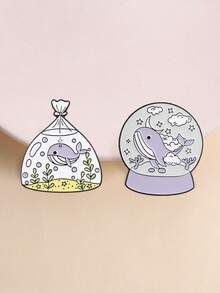 2件組夢幻紫色鯨魚琺瑯胸針套組 星空雪花球海洋包包金屬別針,適用於背包與夾克 - 彩色 - 查看 2