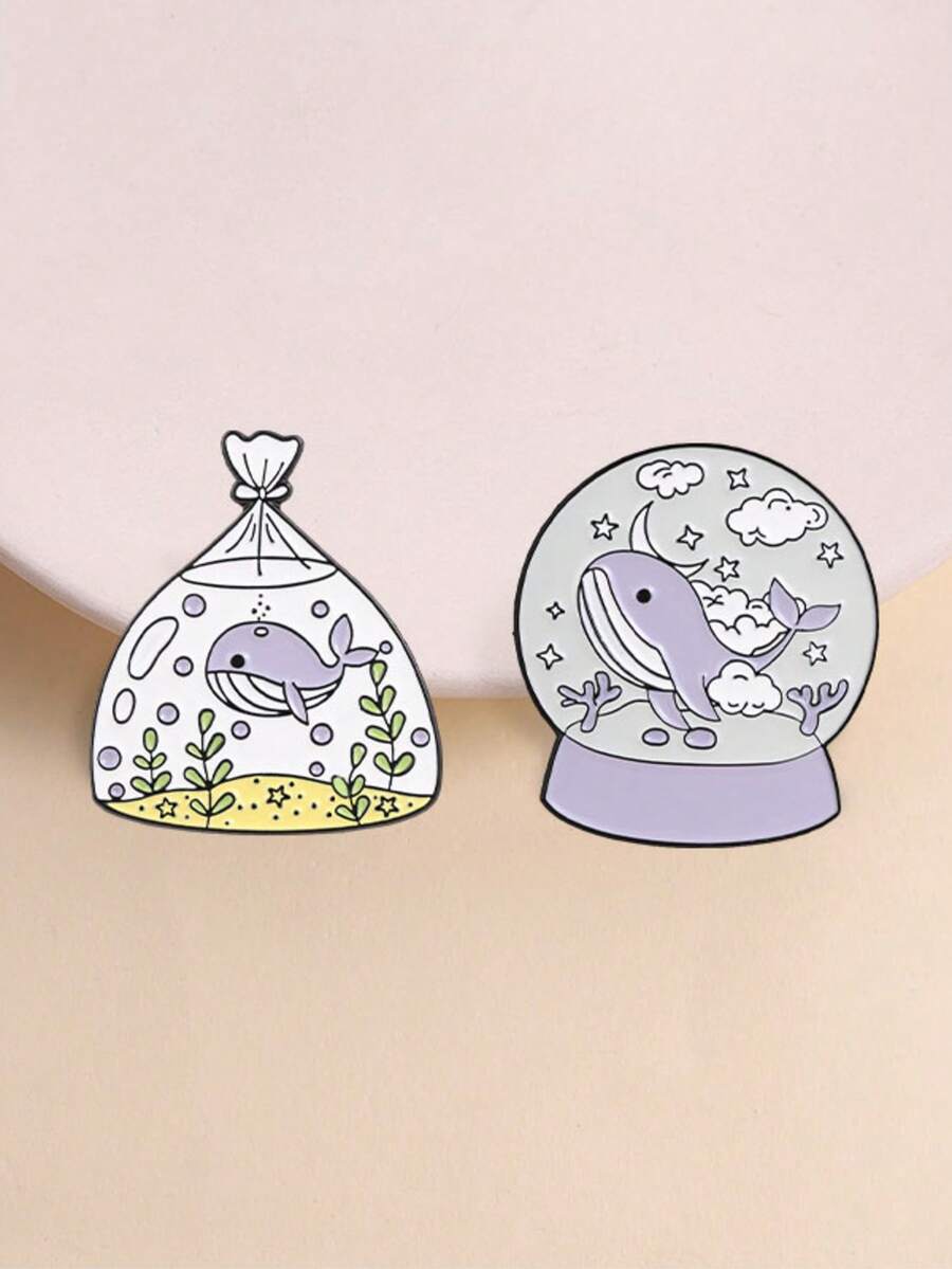 2件組夢幻紫色鯨魚琺瑯胸針套組 星空雪花球海洋包包金屬別針，適用於背包與夾克