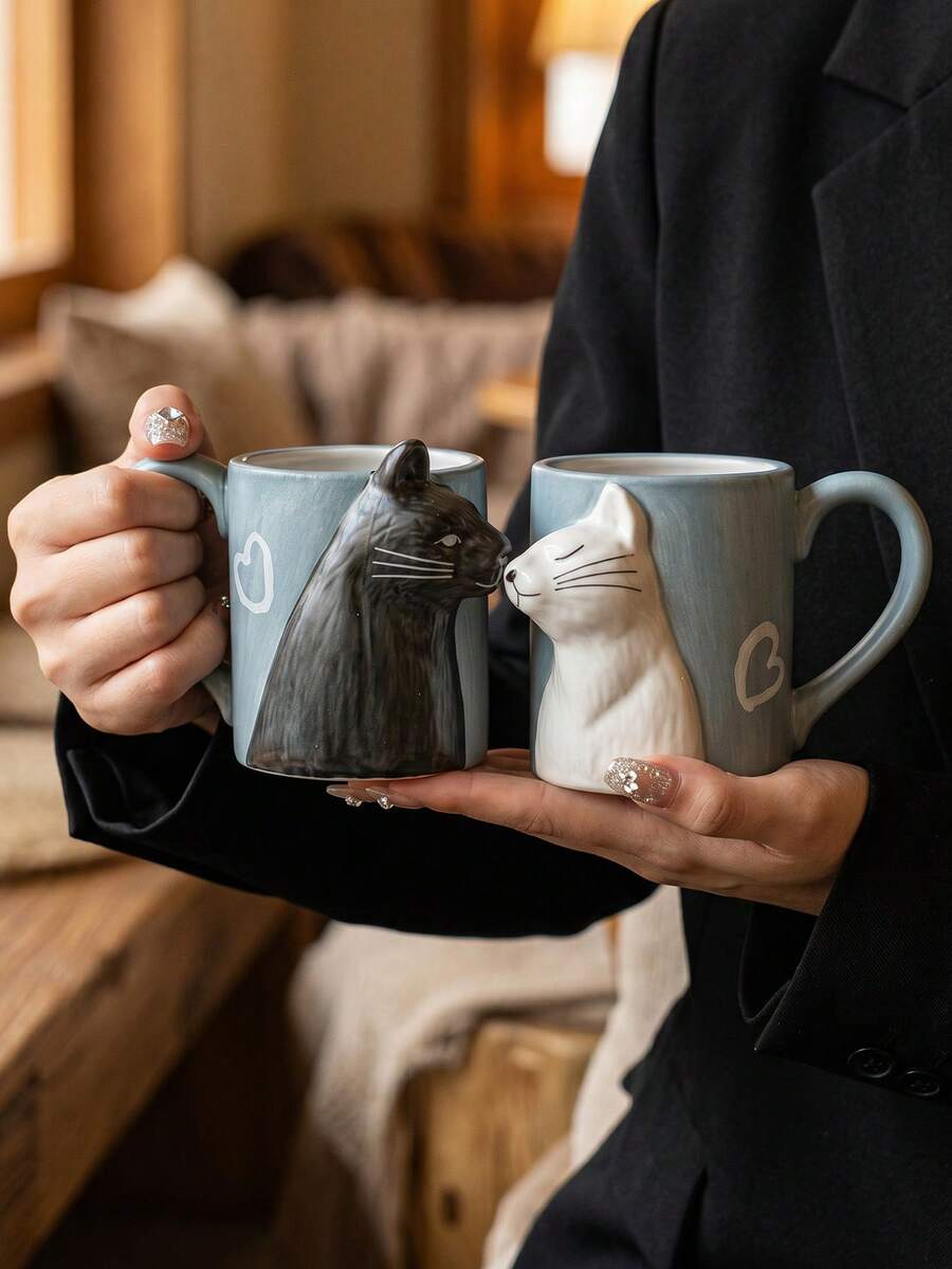 DearDali 1PC 350ML 3D Embossed Cat Ceramic Coffee Mug, Couple Pair Cup, Creative Animal Mug Design, Heat Resistant, Microwave , INS Style Desktop Decor, Valentine's Day Gift, Daily Home Office Afternoon Tea, Suitable For Gifts, Fun Cup For Others - Multicolor - View 1