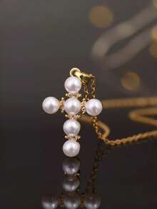 1 pièce Collier pendentif croix vintage plaqué or 18K acier inoxydable avec décoration de perles fausses chaîne bijou quotidien unisexe - Doré - Voir 1