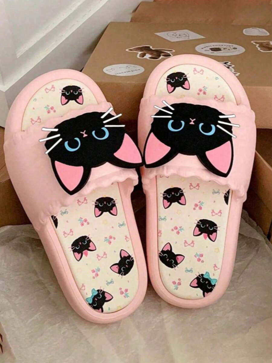 1 Pair Personalized Casual Soft Bottom Slippers, Cute Black Cat Pattern, Suitable For Indoor And Outdoor Wear, Summer Style, Runs Small