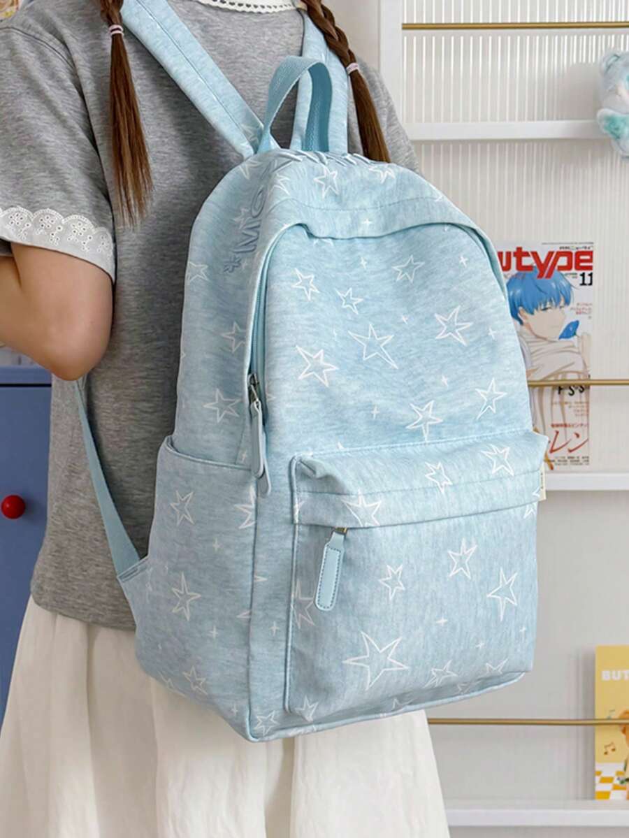 Mochila con patrón de estrellas azules frescas para estudiantes universitarias, estilo sencillo de chica, mochila de campus de escuela secundaria, mochila casual para compras - Azul menta - Ver 1