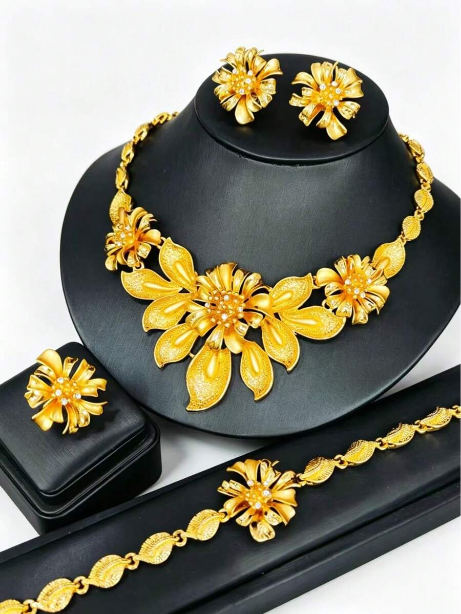 4 pièces Ensemble de bijoux à la mode pour femmes plaqué or avec fleurs, collier, bracelet, bague, boucles d'oreilles, Moyen-Orient, Dubaï, Arabie Saoudite, Europe, Amérique, Afrique, mariée, mariage, banquet, rendez-vous, accessoires de robe, fête des mères, Saint-Valentin, anniversaire, cadeau de mariage saisonnier, bijoux en alliage, cadeau pour maman, sœur, petite amie - Or jaune - Voir 1