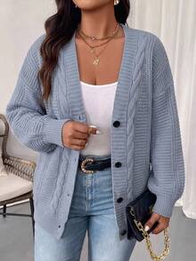 Plus Size Women's Knit Cardigan Long Sleeve Open Front Sweater, Elegant Soft Comfortable Knitwear Fall - Dusty Blue - View 3