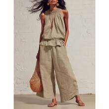 New Summer Casual Linen Two-Piece Women's Sleeveless Ruffled Wide-Legged Pants Suit - 卡其色 - 查看 3