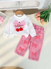 Young Girl Cartoon Print Crew Neck Long Sleeve Warm Sweatshirt And Denim Jeans - White - View 1