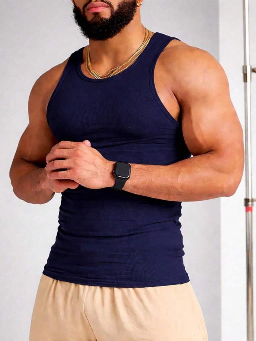 Men's Ribbed Slim Fit Tank Top, American Style, Gym/Fitness - Navy Blue - View 1