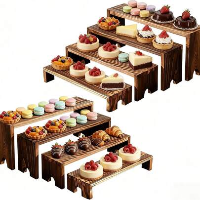 2 Set 4 Tier Rustic Wooden Step Display Riser Stand No Assembly Cupcake Stand And Dessert Display, Countertop Perfume Organizer Cologne Holder, Crafts Display Stand For Vendor Show
