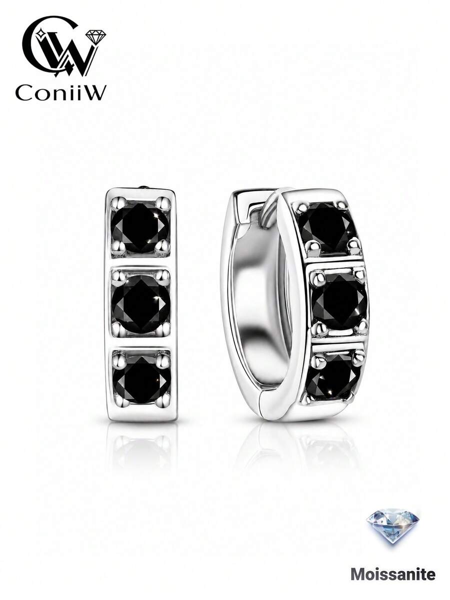 ConiiW 1 Pair 925 Sterling Silver 0.3ct Black/White Moissanite Hip Hop Rock Style Unisex Earrings/Earrings, Suitable For Daily Wear, Dates And Parties