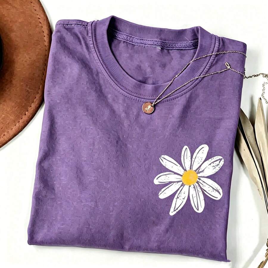 [100% Pre-Washed Cotton] Daisy T-Shirt, Retro Floral Shirt,  Casual Tee, Women's Letter Print Short Sleeve Tee-Vintage Street Style Unisex Loose Cot - Purple - View 1