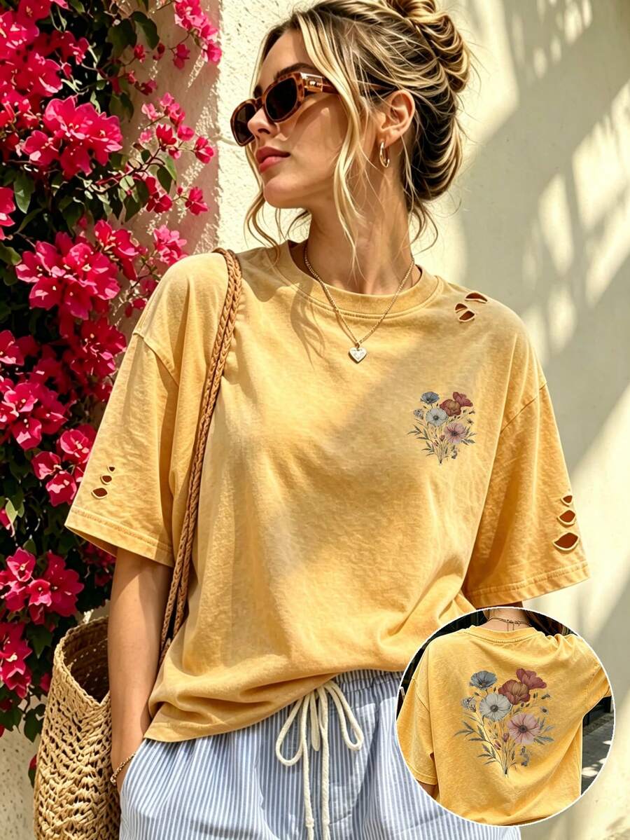 Women's Summer/Autumn Pure Cotton Distressed Washed T-Shirt, Floral Print, Casual Loose Fit - Golden - View 1