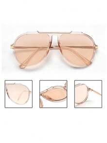 1 Pair Women's Metal Oval Frame Vintage Double Bridge Fashion Aviator Glasses, Suitable For Vacation Beach, Women's Fashion Glasses, Summer Beach Vacation, Outdoor, Travel - Champagne - View 6