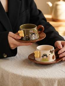 DearDali 1件陶瓷杯與1件杯碟套組，卡通油畫女孩咖啡杯，3D浮雕蝴蝶設計，梅納德復古撞色，居家下午茶杯，咖啡杯，家庭聚會，生日派對，房間裝飾，家居裝飾 - 彩色 - 查看 9