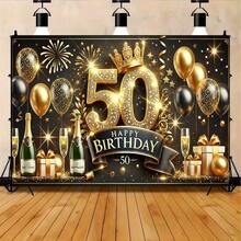 1pc Luxury 50th Birthday Celebration Banner, Durable Polyester, Gold And Black Theme With Fireworks And Champagne Design, Perfect For Party, Home And Garden - Multicolor - View 1