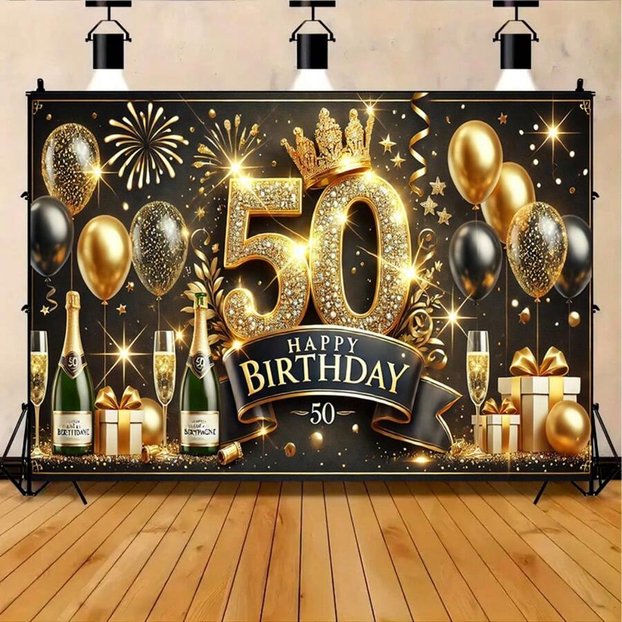 1pc Luxury 50th Birthday Celebration Banner, Durable Polyester, Gold And Black Theme With Fireworks And Champagne Design, Perfect For Party, Home And Garden - Multicolor - View 1