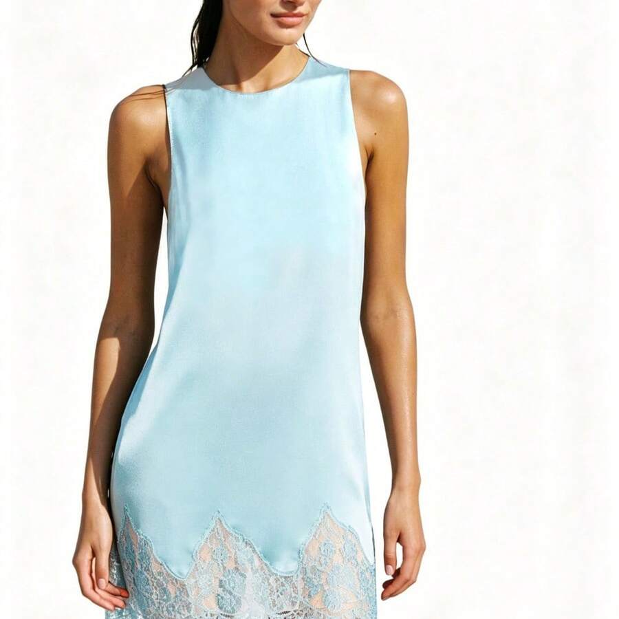 New Satin Collage Lace Cutout Lace Hem Dress Peplum Tank Dresses - 天藍色 - 查看 1