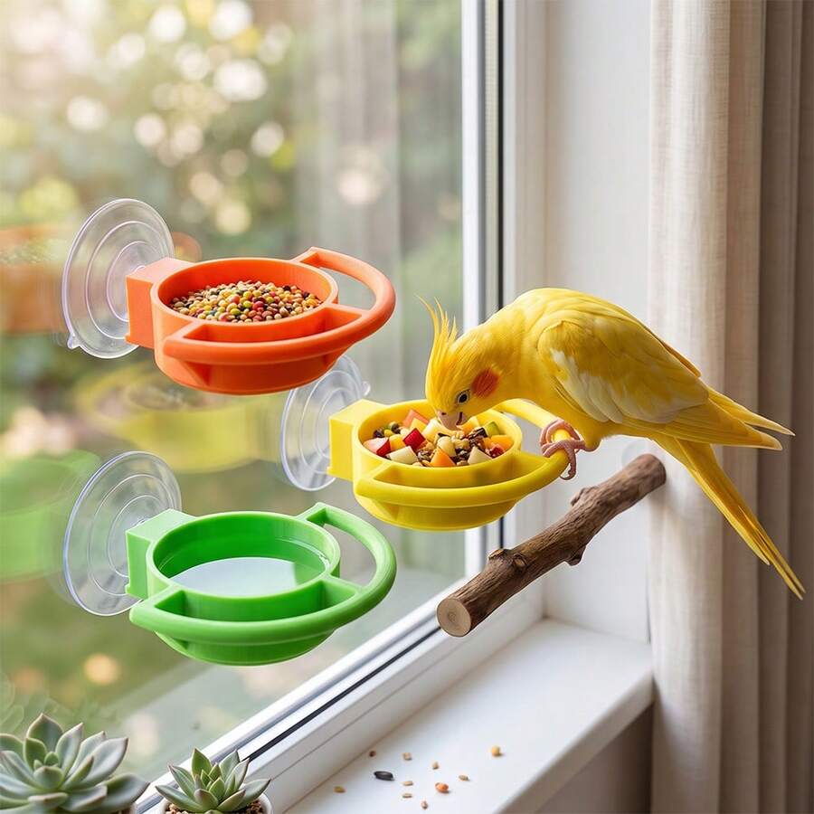 1pc Suction Cup Window Mounted Parrot Feeding Bowl With Dual-Sided Grip Rings, Multi-Color Detachable Feed Container, Wall/Glass Mountable Feeding Container, Suitable For Indoor/Outdoor Window-Side Parrot Feeding Layout Bird Cage Accessory - View 1