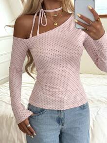 Sunny Girly Autumn Petite Women's Pink Korean-Style T-Shirt, Polka Dot Print With One Shoulder Tie Design, Great For Street Style And Dates. Casual - Pink - View 5