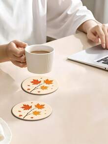 1/4/8pcs Minimalist Autumn Plant Wooden Coaster Set, Maple Leaf Acorn Pumpkin Reed Round Drink Coasters, Heat-Resistant Tabletop Protector, Autumn Home Kitchen Decor, Thanksgiving Tabletop Decoration And Housewarming Gift - Autumn Plants - View 2