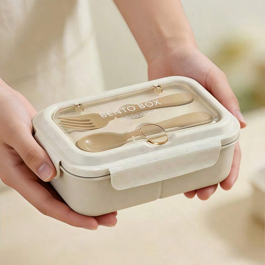 1pc Beige Lunch Box, Beige Oatmeal Cup, Grey Lunch Bag