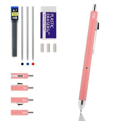 4 In 1 Multi Function Refillable And Retractable Multi Color Pen, Black Red Blue Ballpoint Pen And 0.7mm Multicolor Pencil, Multicolor Pen Gift For Journaling Pink