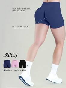 UONNOU 3Pcs Women V Cross High Waist Ribbed Seamless Workout Shorts, Body-Hugging Sculpt Fit Yoga Biker Shorts 3 Color Pack - Multicolor - View 2