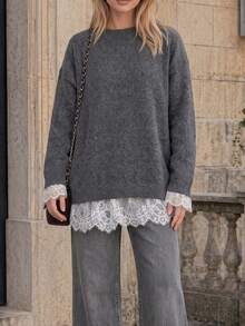 Women's Lace Patchwork Casual Versatile Daily Wear Knit Top - Grey - View 7