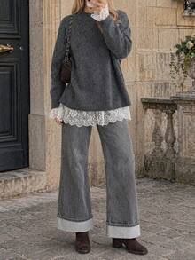 Women's Lace Patchwork Casual Versatile Daily Wear Knit Top - Grey - View 6